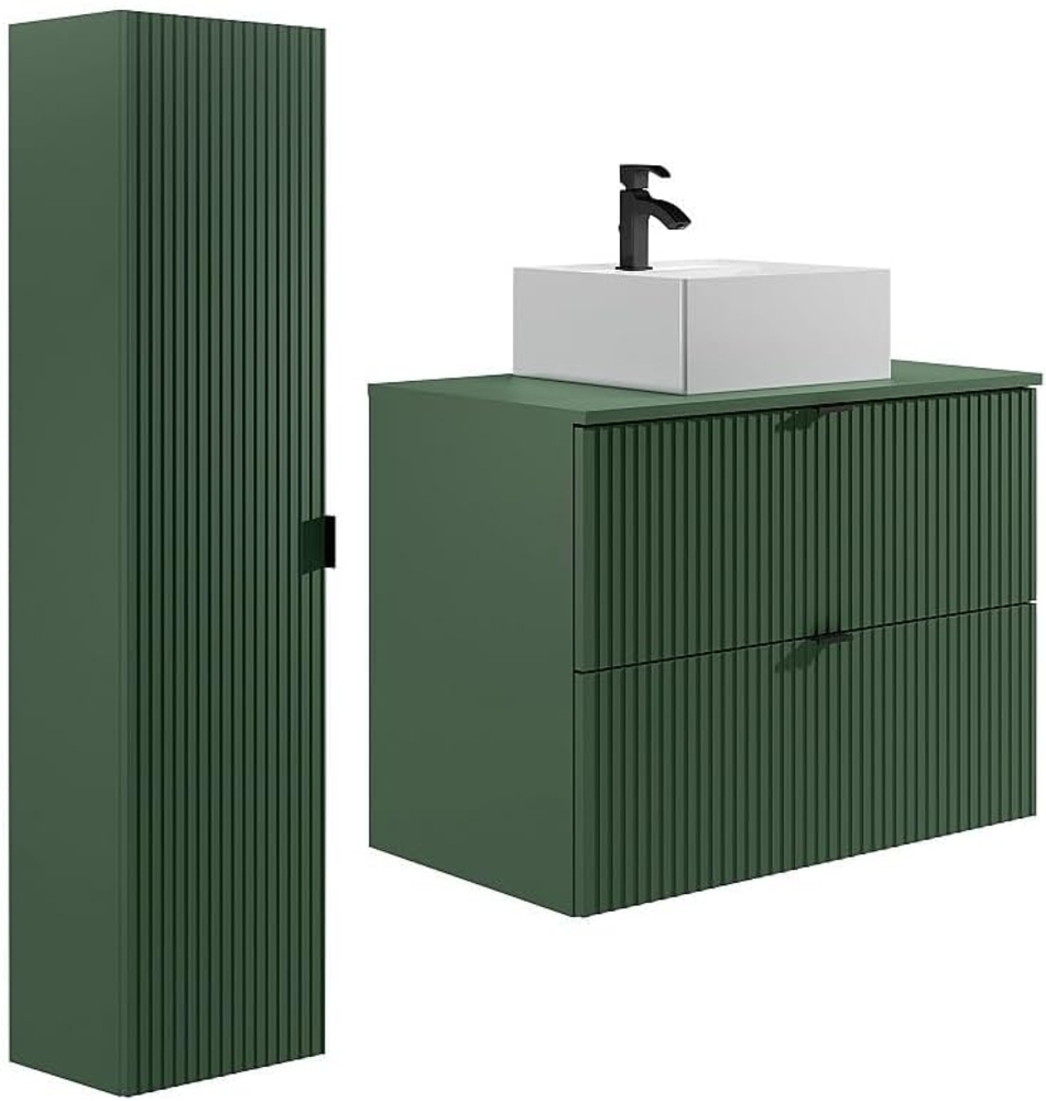 Vente-unique - Waschbeckenunterschrank hängend mit Aufsatzwaschbecken & Badhochschrank - Streifenoptik - Grün matt - 80 cm - ZEVINI Bild 1