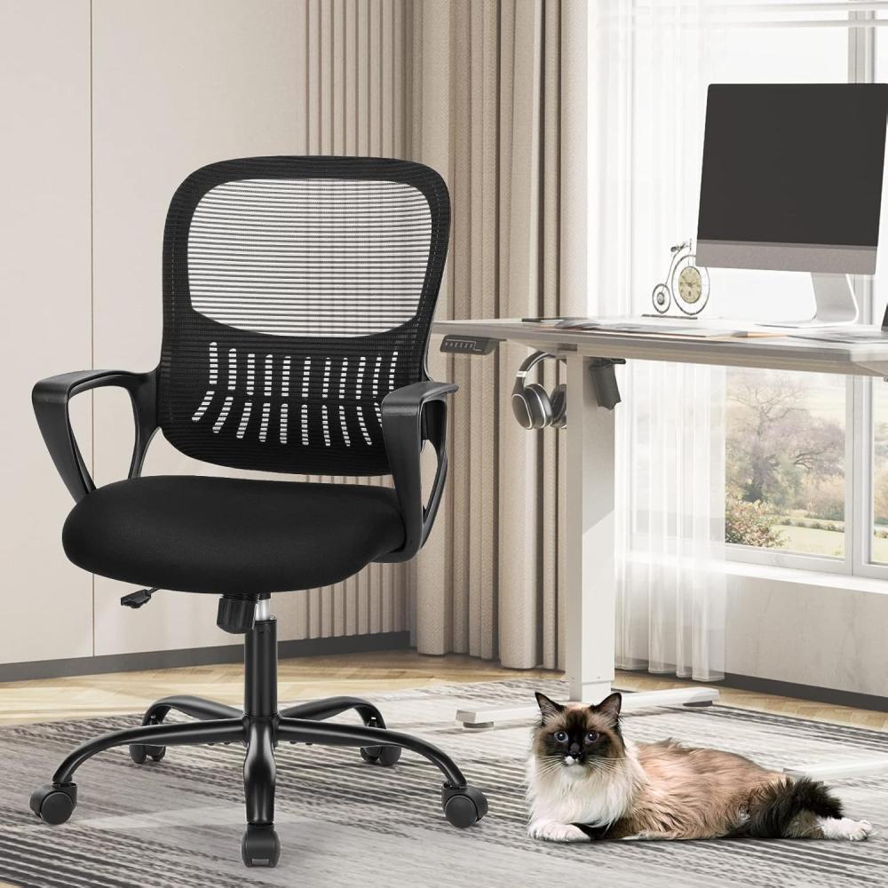 Sweetcrispy Bürostuhl Ergonomisch, Schreibtischstuhl mit Lendenwirbelstütze, Verstellbaren Armlehnen Drehstuhl, Höhenverstellbarer Office Chair, Bürostühle Geeignet für Büro und Schlafzimmer (Schwarz) Bild 1