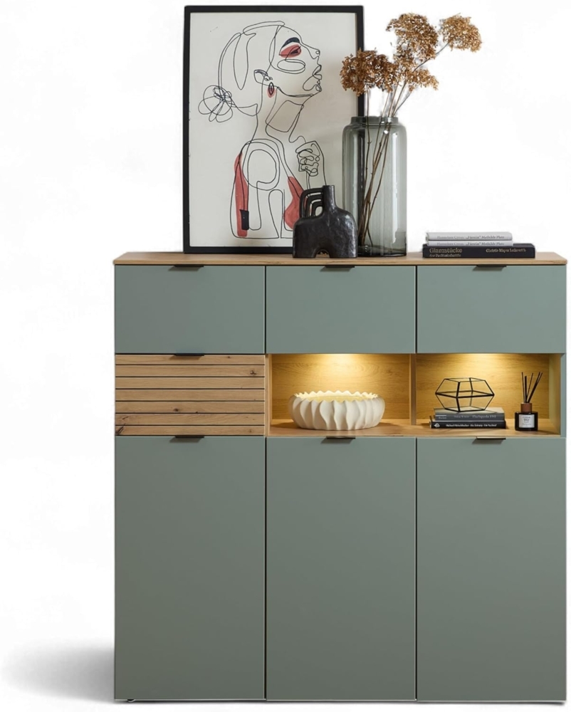Stella Trading INA Highboard in Schilfgrün, Artisan Eiche Optik FSC-Zertifiziert - Moderner Wohnzimmerschrank mit Schubladen und LED-Beleuchtung - 125 x 125 x 45 cm (B/H/T) Bild 1