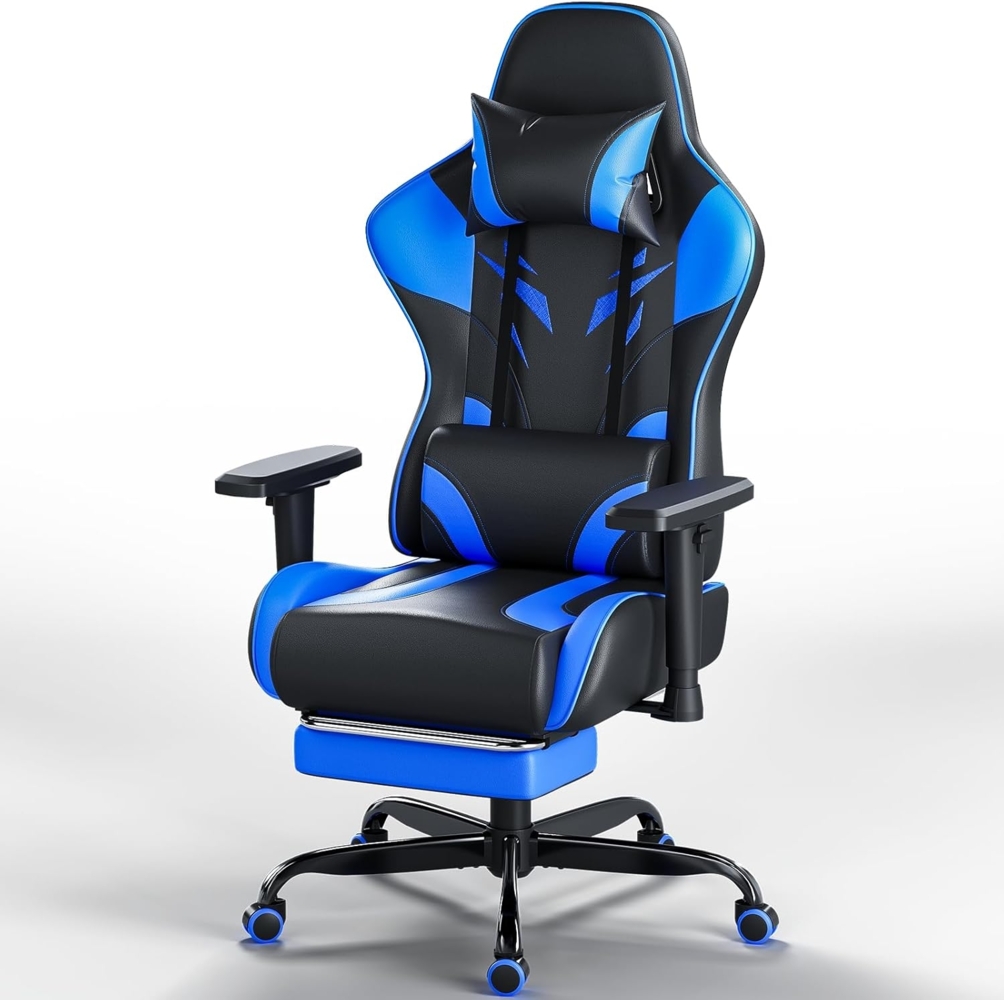 JUMMICO Gaming Stuhl mit verstellbaren Armlehnen, Bürostuhl Ergonomisch mit Fußstütze, Gamer Stuhl Belastbarkeit 150 kg, Blau Bild 1