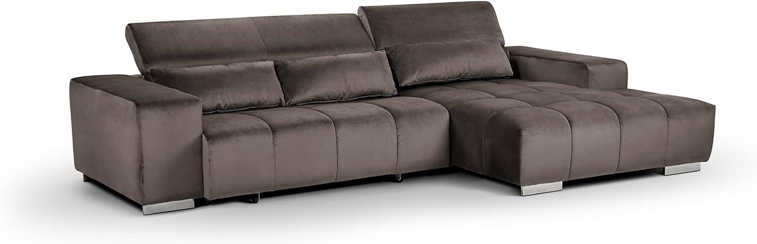 Mivano Ecksofa Orion / Große Eckcouch mit XL-Recamiere inkl. Relaxfunktion, Kopfteilfunktion und Kissen / 307 x 73 x 186 / Velours, Grau Bild 1