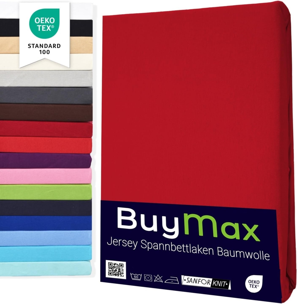 Buymax® Spannbettlaken 90x200 cm Baumwolle 100% Spannbetttuch Bettlaken Jersey, Matratzenhöhe bis 25 cm, Farbe Rot Bild 1