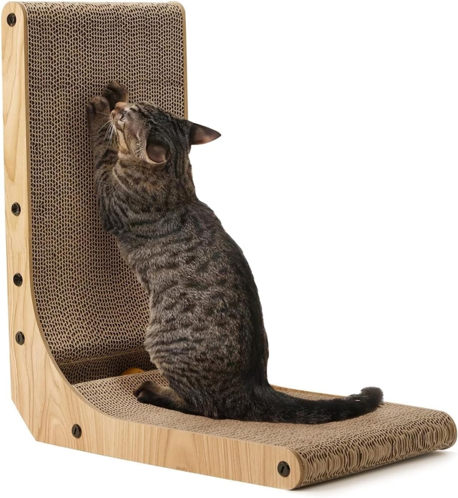 FUKUMARU Kratzbrett Katzen, 47 cm hohe L förmige Kratzpappe, widerstandsfähig Katzenkratzbrett mit Ballspielzeug, Kratzmöbel aus hochwertiger Karton für Wand und Ecke, Mittlere Größe Bild 1