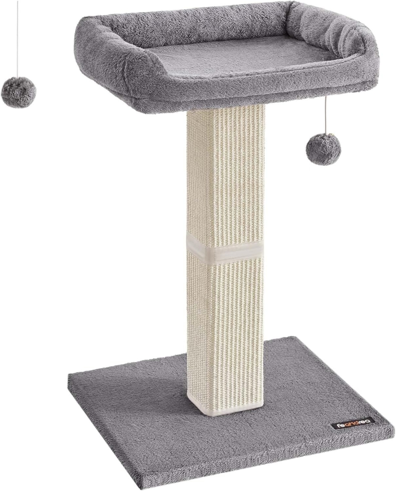 Feandrea Kratzbaum, Katzenbaum mit 40x30 cm Plattform aus Plüsch, Kratzstamm, Katzenkratzbaum, 71 cm hoch, Kratzsäule mit geflochtenem Sisal, 45x40 cm Sockel, mit Plüschball, hellgrau Bild 1