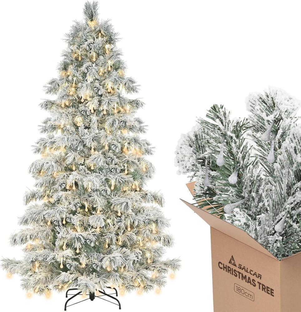 Salcar Künstlicher Weihnachtsbaum mit Beleuchtung Weihnachtsbaum mit Schnee Tannenbaum mit Licht LED, Tannenbaum, mit 170 LED Wassertropfen-Lichter Warmweiß und 479 PVC Spitzen Bild 1