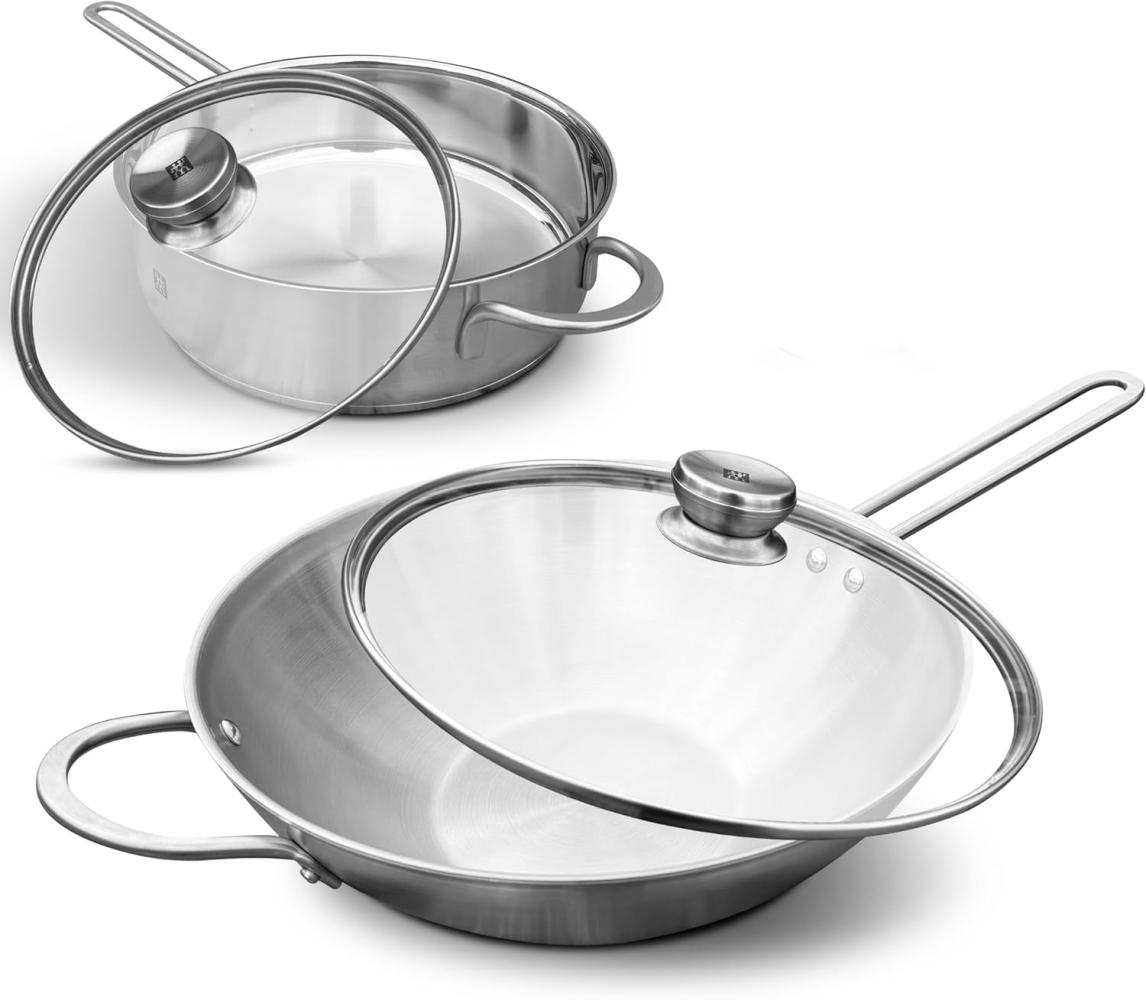 Zwilling TwinNova3 Wokpfanne 30cm + Schmorpfanne 24 cm mit 2x Glasdeckel, 4 tlg, Wok + Schmor Pfanne Unbeschichtet, Spülmaschinenfest, rutschfester Griff, FÜR ALLE HERDARTEN, Silber Bild 1