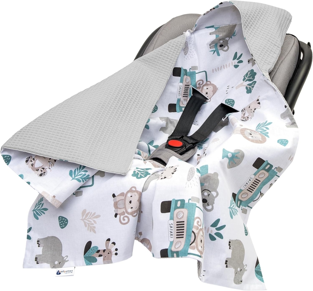 Medi Partners Einschlagdecke Baby Babyschale 100% Baumwolle für Sommer 85x85 cm Kinderwagen Kuscheldecke universal Baby Decke Einschlagdecken Babydecke Buggy Autositz (‎Mint Zoo mit Grauer Waffel) Bild 1