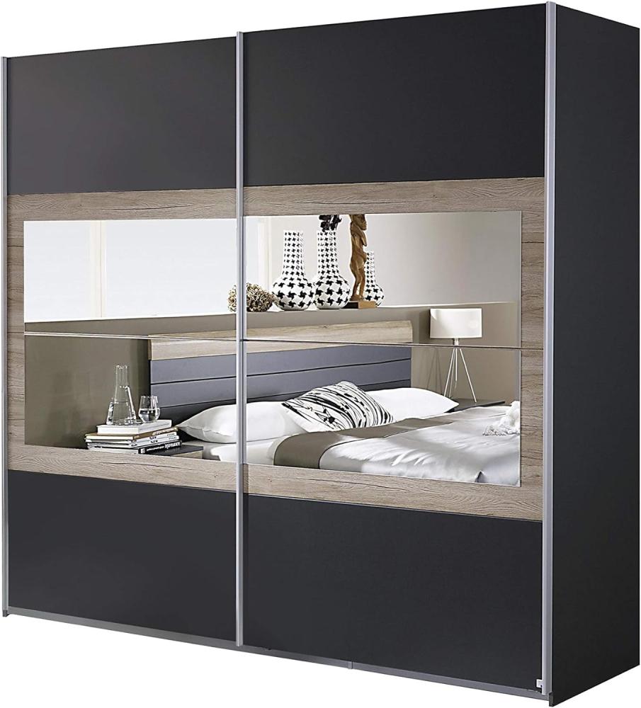 Rauch Möbel Tarragona Schrank Schwebetürenschrank, Grau Metallic / Eiche Sanremo hell, 2-türig mit Spiegel, inkl. Zubehörpaket Basic 2 Einlegeböden, 2 Kleiderstangen, BxHxT 226 x 210 x 62 cm Bild 1