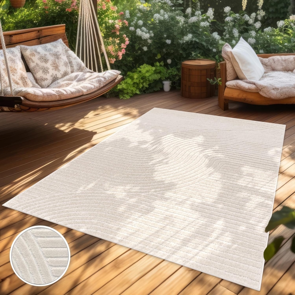 Paco Home Teppich In- & Outdoor, Moderne abstrakte Boho Designs mit 3D Struktur, robust & wetterfest, ideal für Terrasse Wohnzimmer & Küche, Grösse:80x250 cm, Farbe:Creme 2 Bild 1