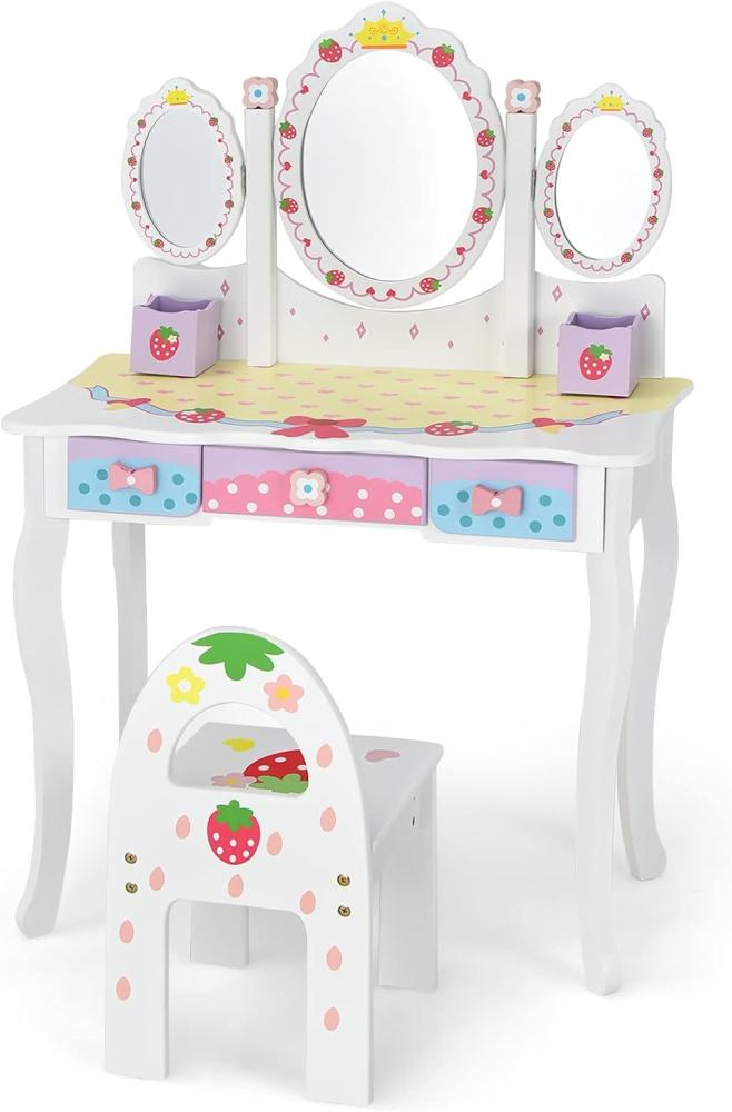 COSTWAY Kinder Schminktisch Set, Prinzessin Frisiertisch mit Klappbarem Spiegel, Schminkhocker und 3 Schubladen, Make-up Schminktisch Frisierkommode für Kinder Mädchen (Weiß) Bild 1