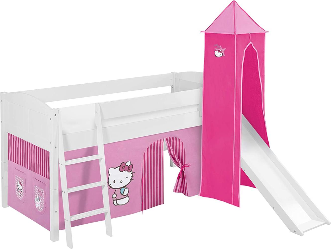 Lilokids 'Ida 4106' Spielbett 90x200 cm, Hello Kitty Rosa, Kiefer massiv, mit Turm, Rutsche und Vorhang Bild 1