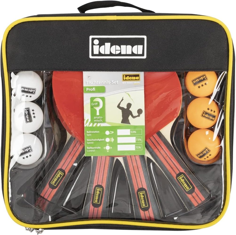 Idena 12-teiliges Tischtennis-Set mit 4 Tischtennisschlägern und 8 Bällen in Weiß und Orange in 3-Stern Qualität, verpackt in einer Tragetasche Bild 1