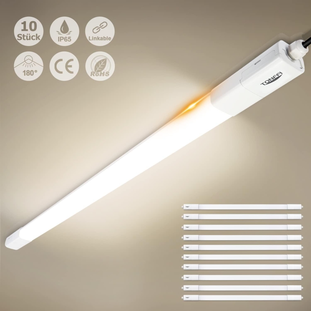 TONFFI 10 Stück Feuchtraumleuchte LED 115cm 36W Led Röhre, IP65 Wasserfest Verknüpfbar Feuchtraumlampe Werkstattlampe Kellerlampe Garagenlampe Deckenleuchte für Bad Büro Warenhaus,Neutralweiß 4000K Bild 1
