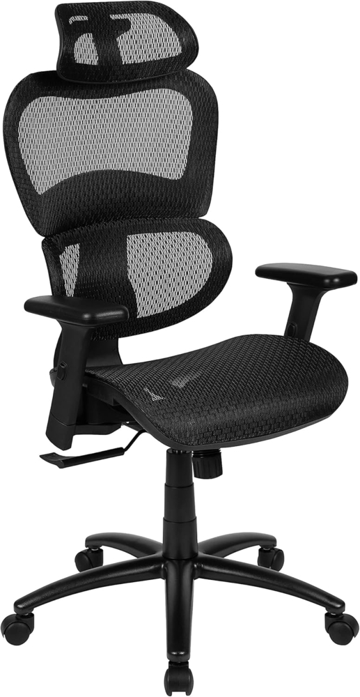 Flash Furniture LO Ergonomischer Bürostuhl aus Netzstoff mit 2-zu-1 Synchro-Neigung, Verstellbarer Kopfstütze, Lendenwirbelstütze, und verstellbaren Schwenkarmlehnen, Schwarz Bild 1