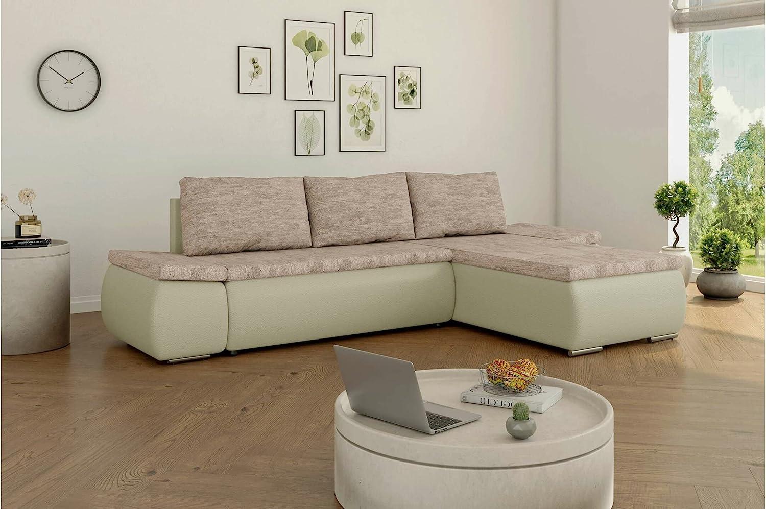 Stylefy Olin Ecksofa Strukturstoff BERLIN Kunstleder MADRYT Hellbraun Beige Rechts Bild 1