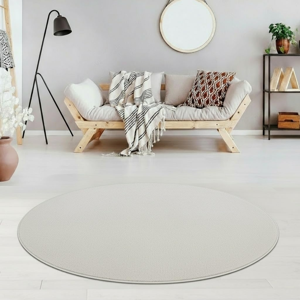 Fashion4Home Teppich Wohnzimmer – Einfarbig Teppich, Uni Teppich fürs Kinderzimmer, Schlafzimmer, Arbeitszimmer, Büro, Flur und Küche - Kurzflor Teppich Cream-Weiß, Größe: 200 cm Rund Bild 1