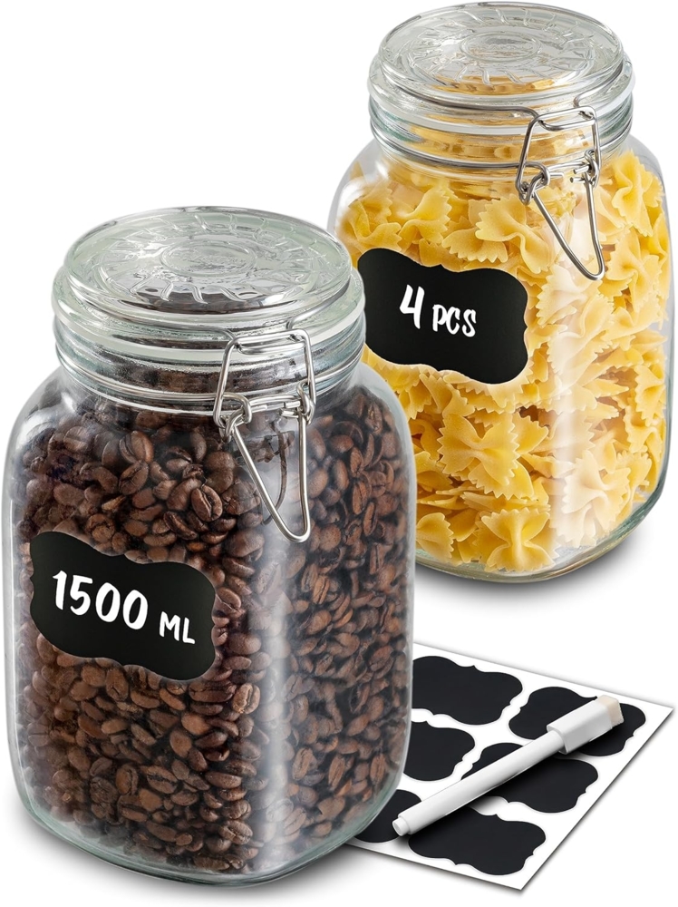 Praknu Vorratsglas 4 Einmachgläser mit Bügelverschluss 1,5l - Mit Etiketten, Stift und, Glas, (Set, 4-tlg), Luftdichte Deckel mit Dichtung, Vorratsbehälter für Lebensmittel Bild 1