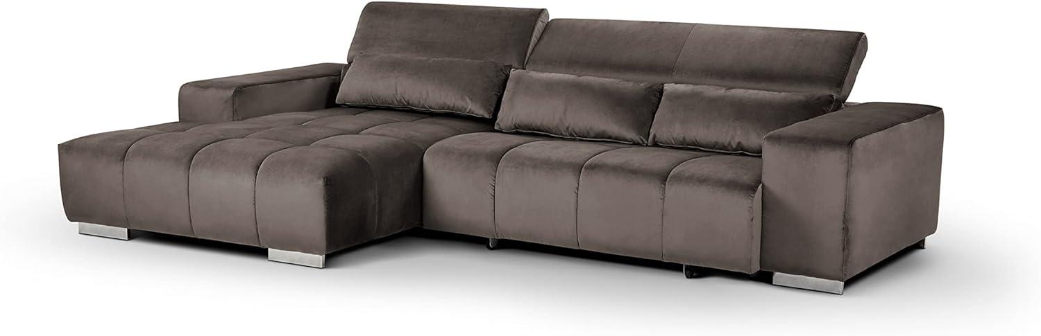 Mivano Eckcouch Orion / Großes Ecksofa mit XL-Recamiere inkl. Relaxfunktion, Kopfteilfunktion und Kissen / 307 x 73 x 186 / Velours, Grau Bild 1