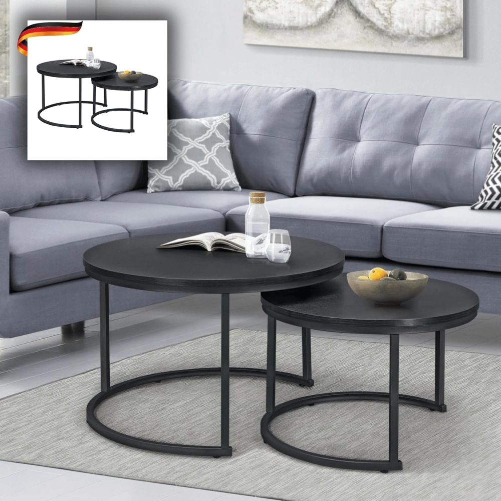 DELUKE® Couchtisch rund 2er Set RIO - Zusammenschiebbar Sofatisch rund Stubentisch Wohnzimmertisch Kaffeetisch Beistelltisch Tisch für Couch Schwarz Bild 1