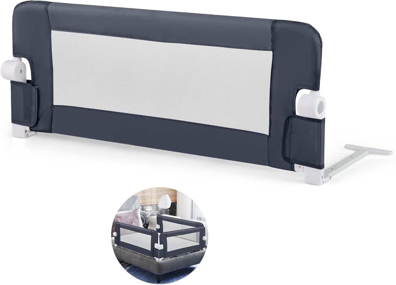 FANTASK Portable Bed Rail, 105x42 cm, Bettgitter klappbar mit Verstellbarer Gurte, Bettschutzgitter aus Oxfordstoff, 180° faltbar, für Elternbetten, Kinderbetten, Grau, Dunkelgrau Bild 1