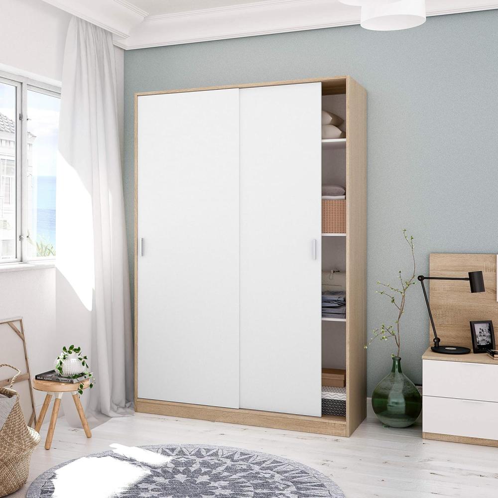 Dmora - Garderobe Waterbury, Schlafzimmer Kleiderschrank mit 2 Schiebetüren, Schrank mit 3 Einlegeböden und Kleiderstange, cm 120x50h200, Eiche und Weiß Bild 1