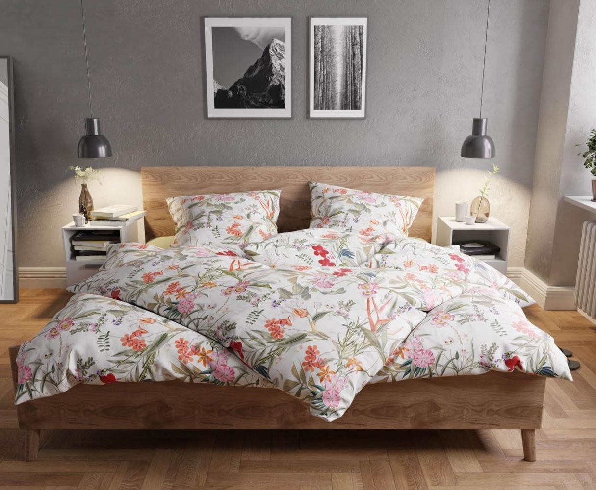 Mako Satin Bettwäsche Tropical Flowers weiß 155x220 + 80x80 Bild 1