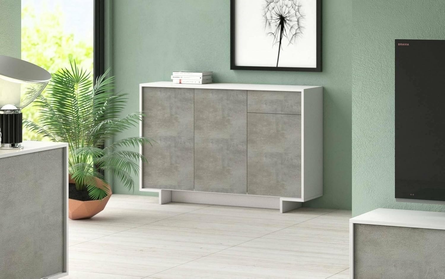 Dmora Aneto Sideboard für Wohnzimmer, Buffet mit 3 Türen und 1 Schublade, 100% Made in Italy, 134 x 35 x 87 cm, Weiß und Zement, 134x35h87 cm Bild 1