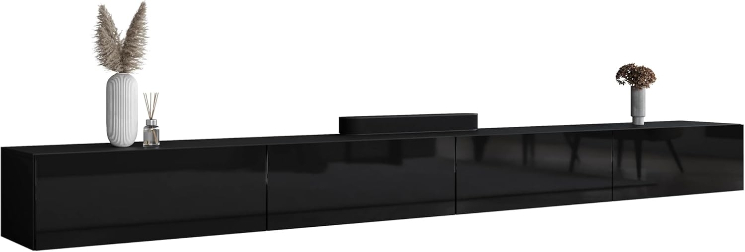 Planetmöbel TV Board 320 cm Schwarz, TV Schrank mit 4 Klappen als Stauraum, Lowboard hängend oder stehend, Sideboard Wohnzimmer Bild 1