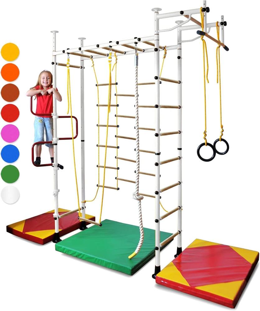 NiroSport Sprossenwand für Kinderzimmer M3 aufbau ohne bohrungen Made in Germany Holzsprossen Weiss Raumhöhe 240 - 290 cm Bild 1