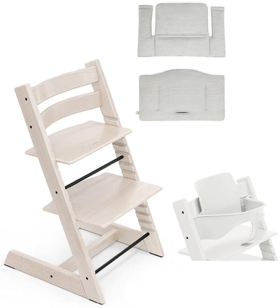 Stokke Tripp Trapp Hochstuhl mit Classic Kissen und Gratis Babyset Whitewash, Nordic Grey OCS Bild 1