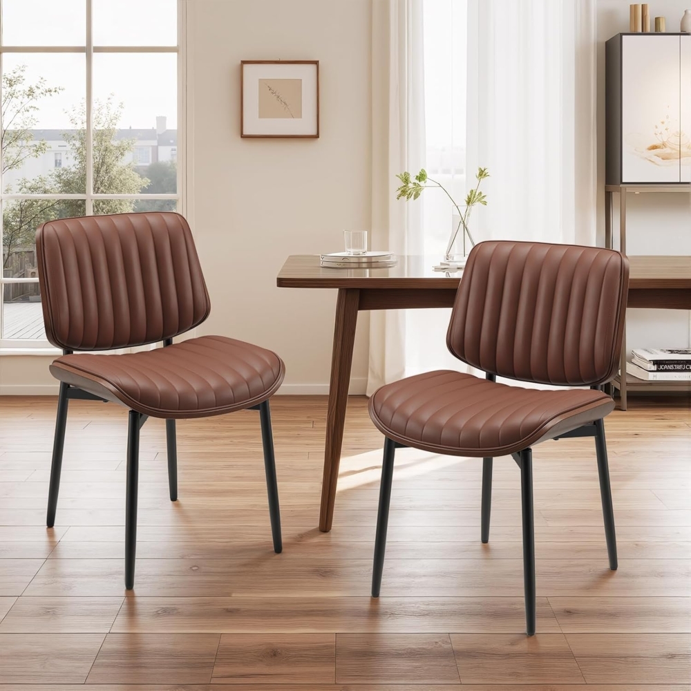 COLAMY Esszimmerstuhl 2er Set, Esszimmer- und Küchenstühle, Gepolsterte Stühle im Mid-Century-Modern-Stil mit Walnuss-Bugholz und Metallbeinen,Braun Bild 1