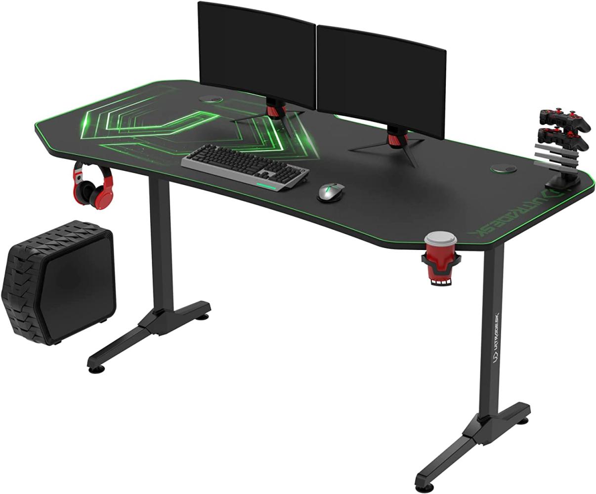 ULTRADESK Frag XXL | Ergonomischer Gaming-Schreibtisch mit großer Arbeitsfläche & XXL-Pad, 2 Kabeldurchlässe | Gut für Home Office, Fach für Steckdosenleisten | Stahlgestell, Grünes Pad, 160x75 cm Bild 1