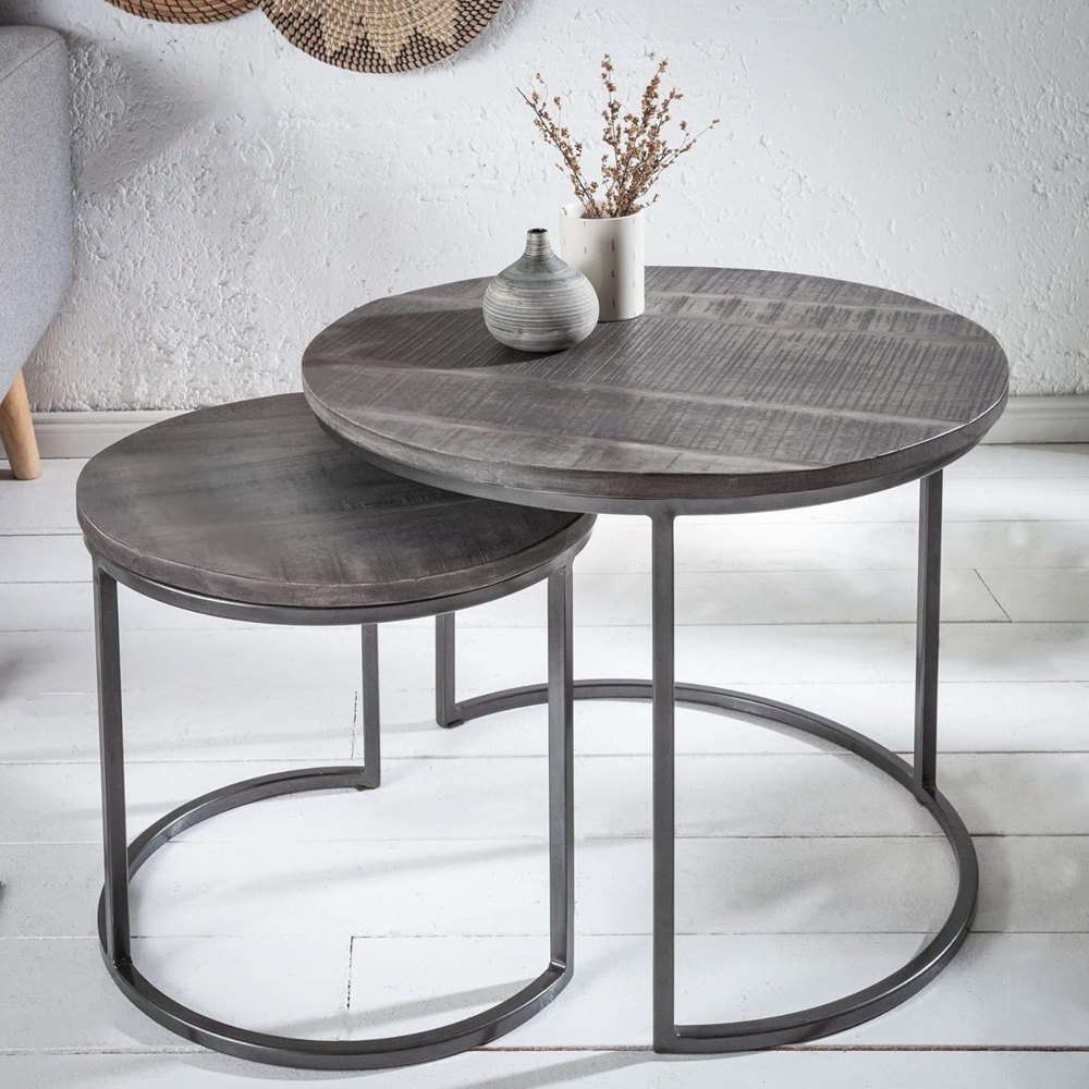 riess-ambiente Beistelltisch ELEMENTS Ø60cm grau / schwarz (Set, 2-St), Mango-Massivholz · Metall-Gestell · rund · Industrial Design Bild 1