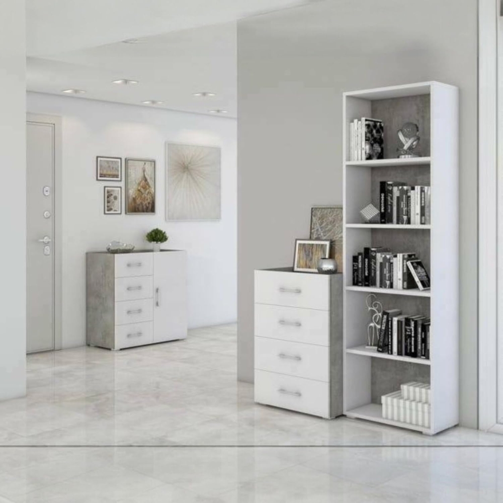 Dmora - Bücherregal Girasole, Bibliothek mit 4 verstellbaren Regalen, Bücherregal, Wandschrank mit Regalen, 100 % Made in Italy, 60 x 30 x 195 cm, Weiß und Zement Bild 1