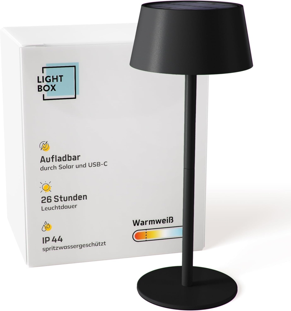 Lightbox LED Außen Tischlampe | kabellose mobile Outdoor Lampe mit Solar | 3 Stufen Touch | dimmbar | Akku-betriebene Tischleuchte (300 lm, 3000 K) | aus Metall & Kunststoff in Schwarz | Balkon Deko Bild 1