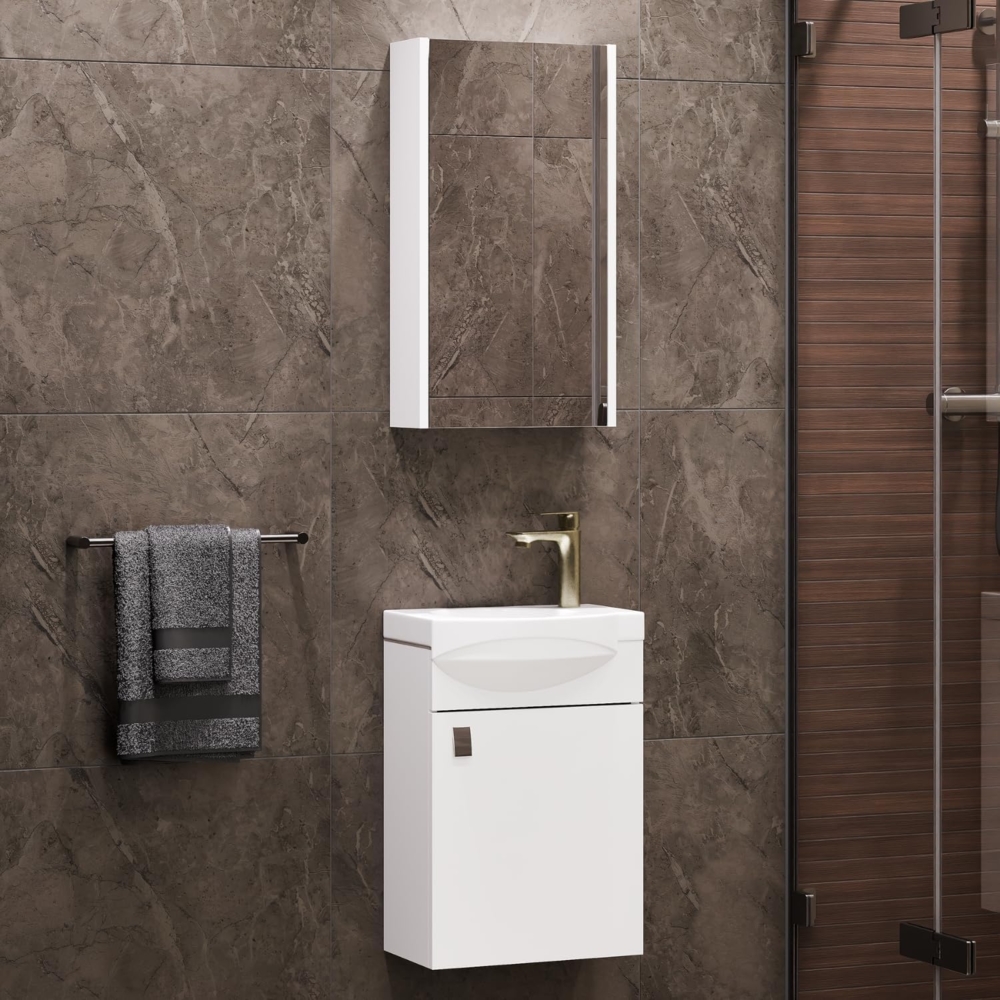 Planetmöbel Badmöbel Badezimmer Set Komplettset aus Waschbeckenunterschrank mit Waschbecken & Spiegelschrank, Farbe Weiß Bild 1