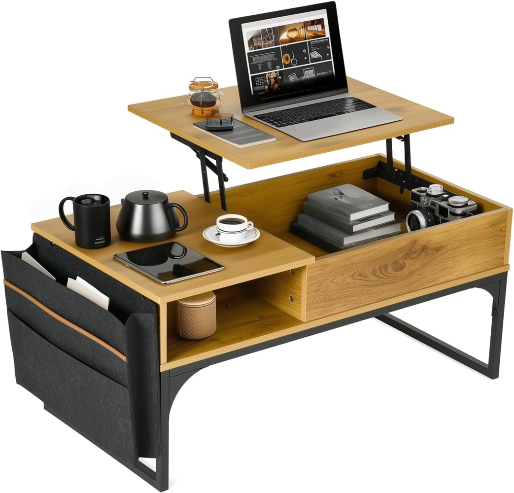 MEUBLE COSY Couchtisch höhenverstellbarer Wohnzimmertisch Kaffeetisch Ausziehbarer Sofatisch mit Offener und Versteckter Fach Stoff-Organizer, Stahlgestell, Hellbraun, 100 x 50 x 45 cm Bild 1