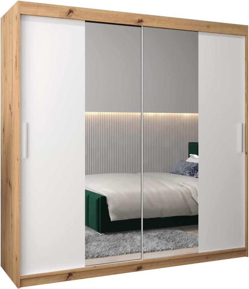 Kryspol Schwebetürenschrank Tokyo 1-200 cm mit Spiegel Kleiderschrank mit Kleiderstange und Einlegeboden Schlafzimmer- Wohnzimmerschrank Schiebetüren Modern Design (Artisan Eiche + Weiß) Bild 1