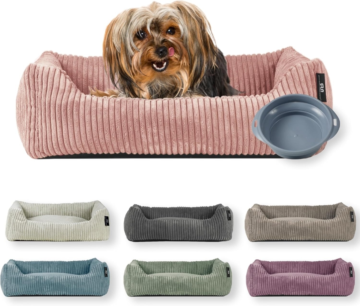 Rohrschneider Tierbett Hundebett Cord für kleine Hunde mit waschbarem Bezug inkl. Futternapf, antiruschbeschichtete Unterseite Bild 1
