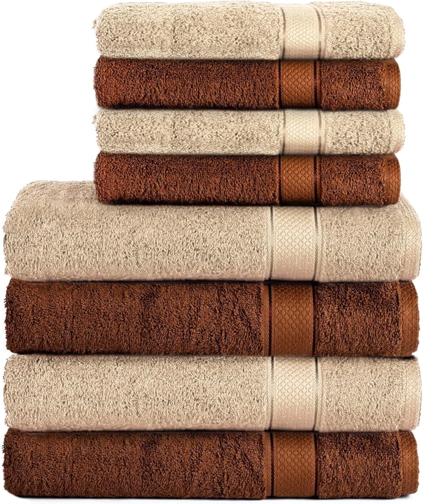 Komfortec 8er Handtuch Set aus 100% Baumwolle, 4 Badetücher 70x140 und 4 Handtücher 50x100 cm, Frottee, Weich, Towel Groß, Braun/Beige Bild 1