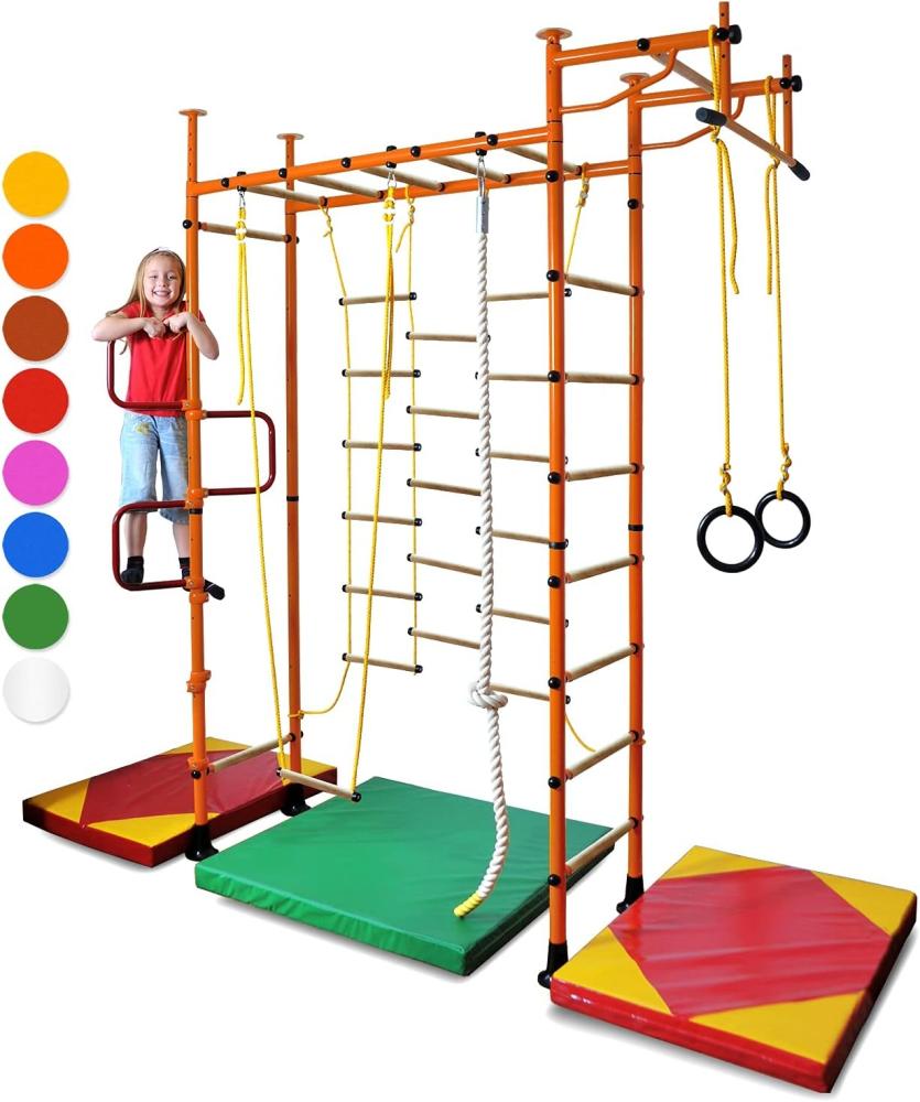 NiroSport Sprossenwand für Kinderzimmer M3 aufbau ohne bohrungen Made in Germany Holzsprossen Orange Raumhöhe 240 - 290 cm Bild 1