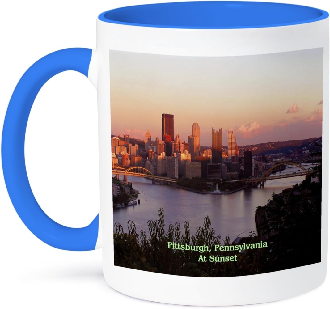 3dRose Skyline in Sunset-Two Becher aus Keramik, Mehrfarbig, 10,16 x 7,62 x 9,52 cm, Blau Bild 1