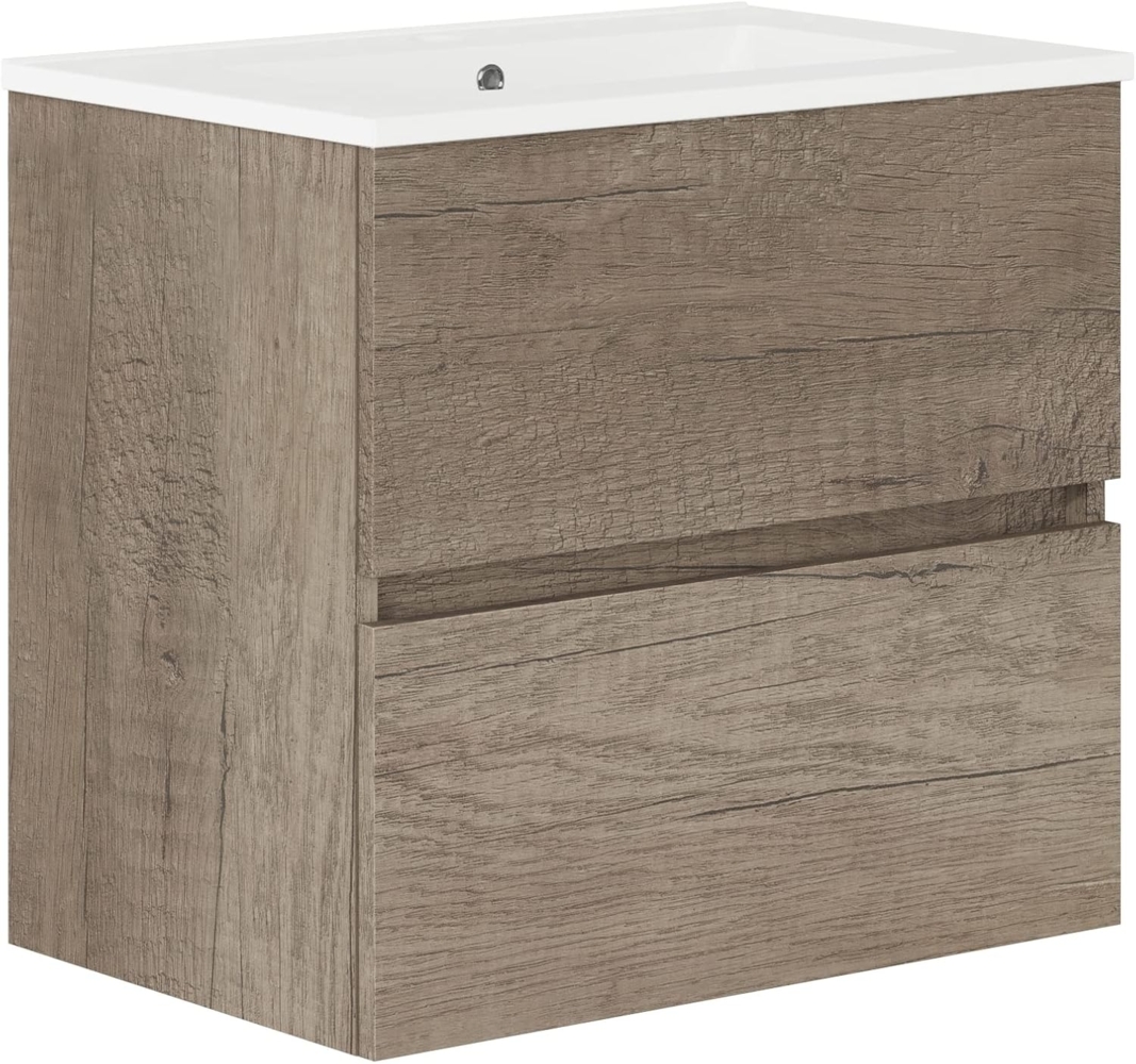 Baikal, Natura Badezimmerschrank mit reduziertem Boden, mit Keramikwaschbecken, Aufteilung Zwei Schubladen, Zwei Schubladen, ohne Spiegel, Boden 39 cm, 60 cm, Nebraska Bild 1