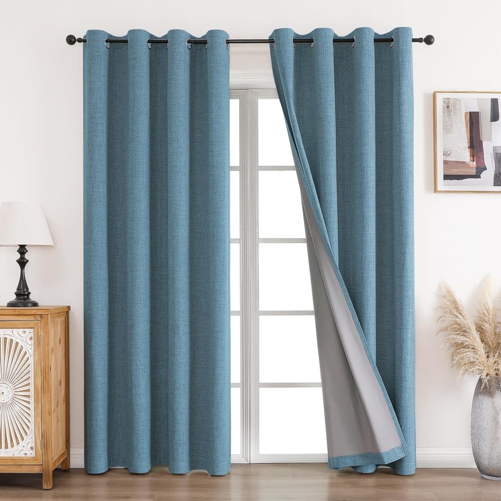 CUCRAF Vorhang 100% Blickdicht Leinen Gardinen mit Ösen Verdunklungsvorhänge Gardinen Himmelblau H245 x B140 cm 2er Set, Thermovorhang Kälteschutz Schallschutz Vorhang für Wohnzimmer Schlafzimmer Bild 1