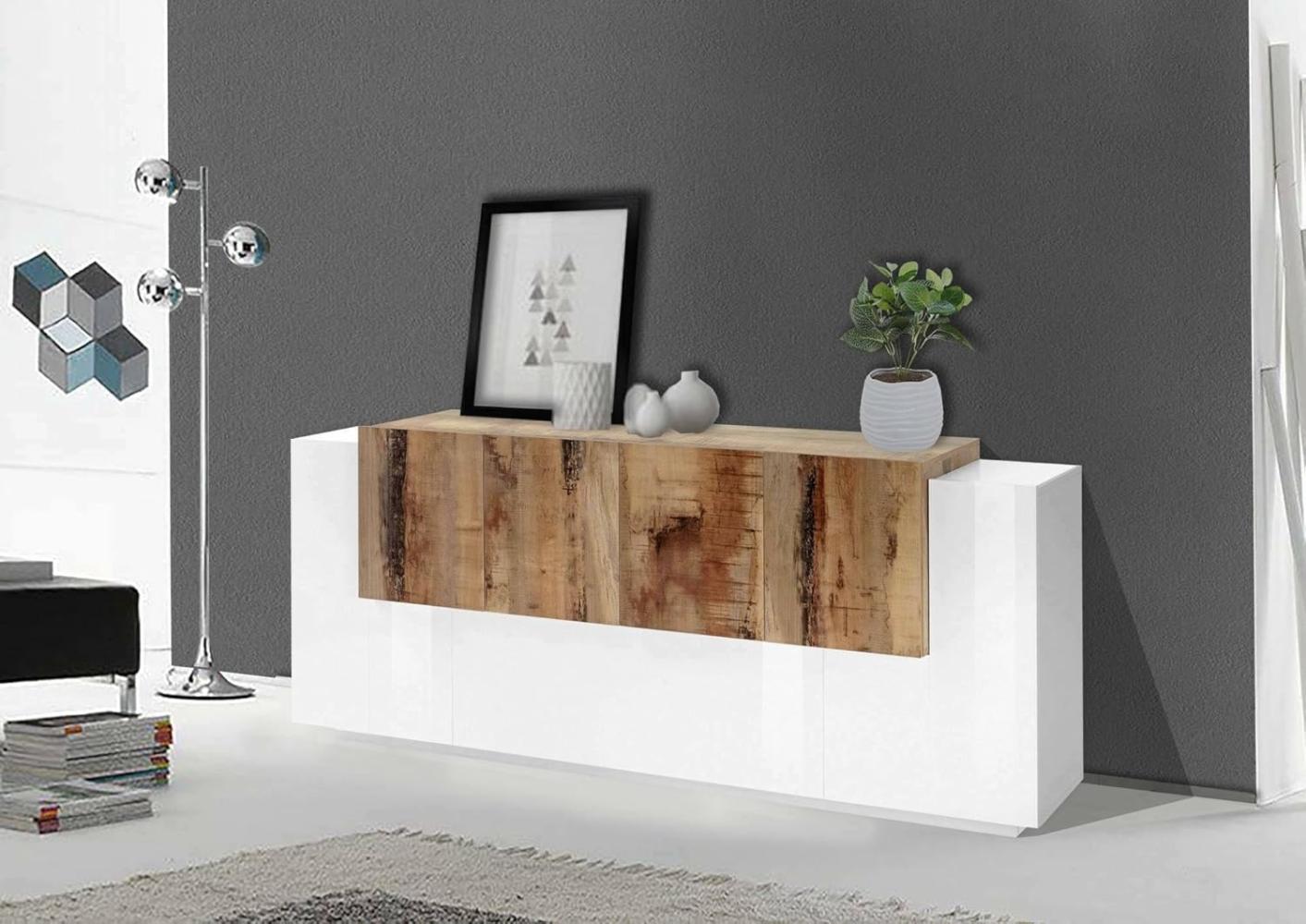 Dmora - Kommode Gennaro, Küchen-Sideboard mit 7 Türen, Wohnzimmer-Buffet, Küchen-Sideboard, 100 % Made in Italy, 200 x 45 x 86 cm, glänzendes Weiß und Ahorn Bild 1