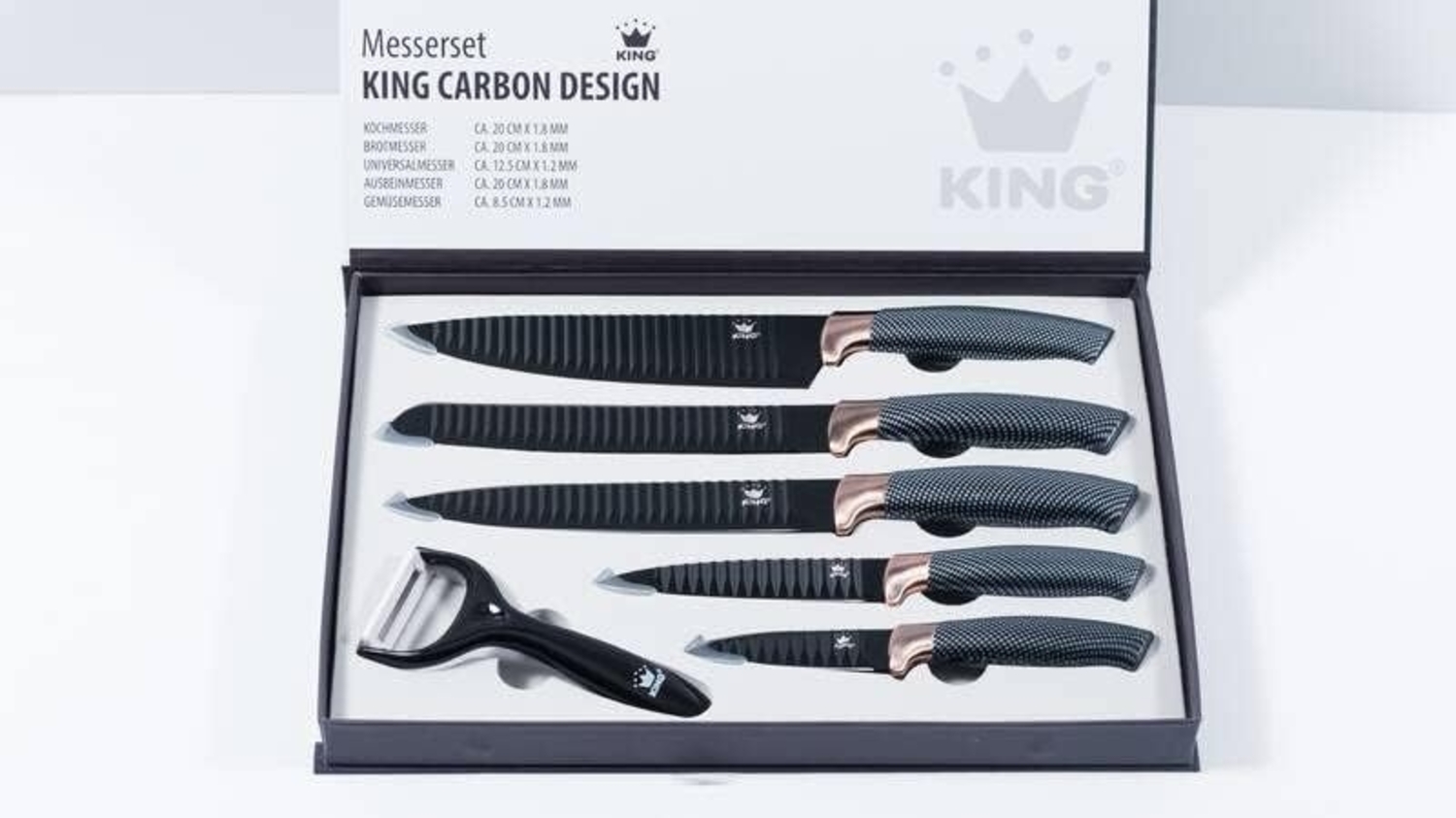 KING Messer-Set Carbon Design (Set, 6-tlg), (5 Messer), incl. Sparschäler, Wellenschliff Bild 1