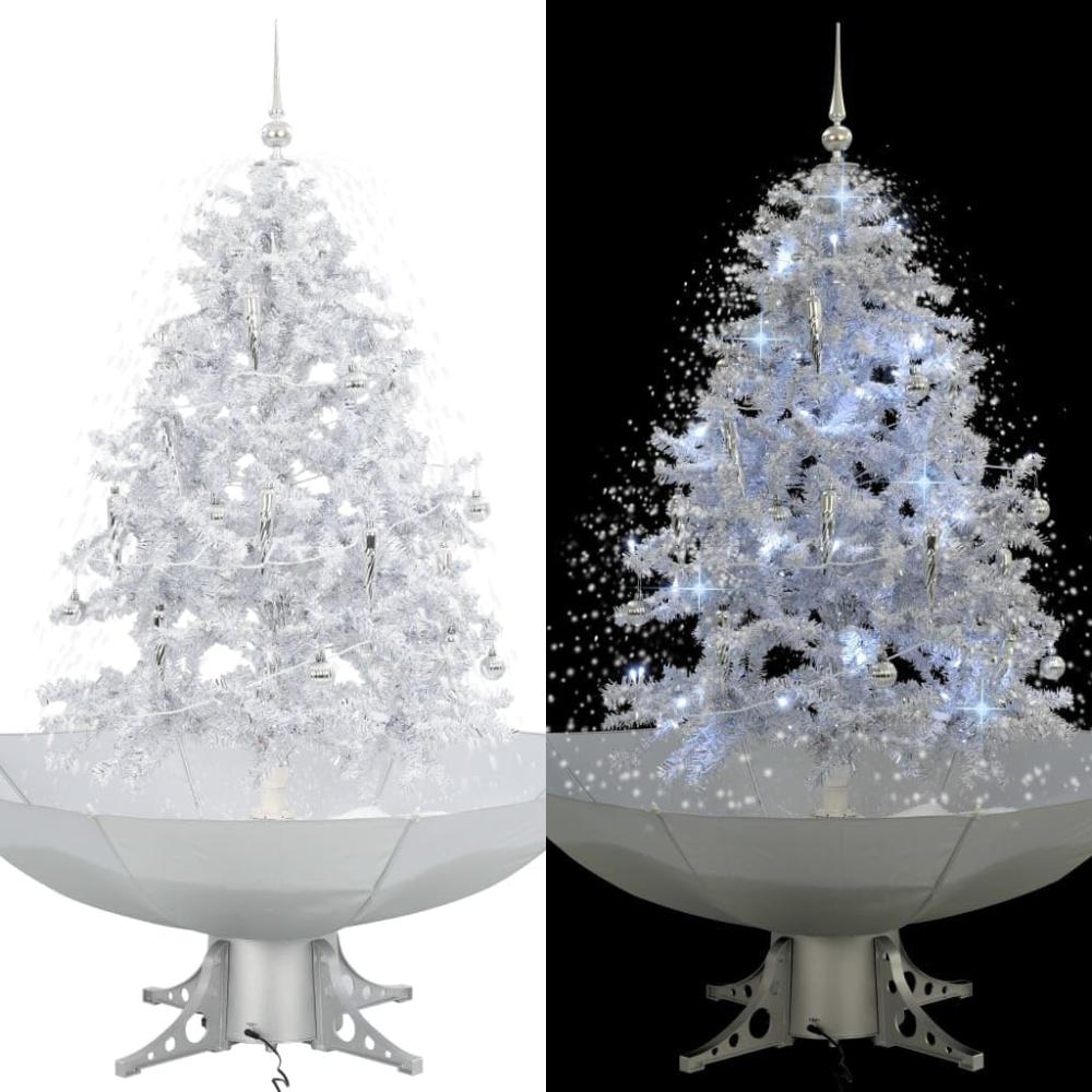 vidaXL 'Schneiender' Weihnachtsbaum mit Schirmfuß, Schneefall, Kugeln & LED-Lampen , Weiß, 140 cm Bild 1