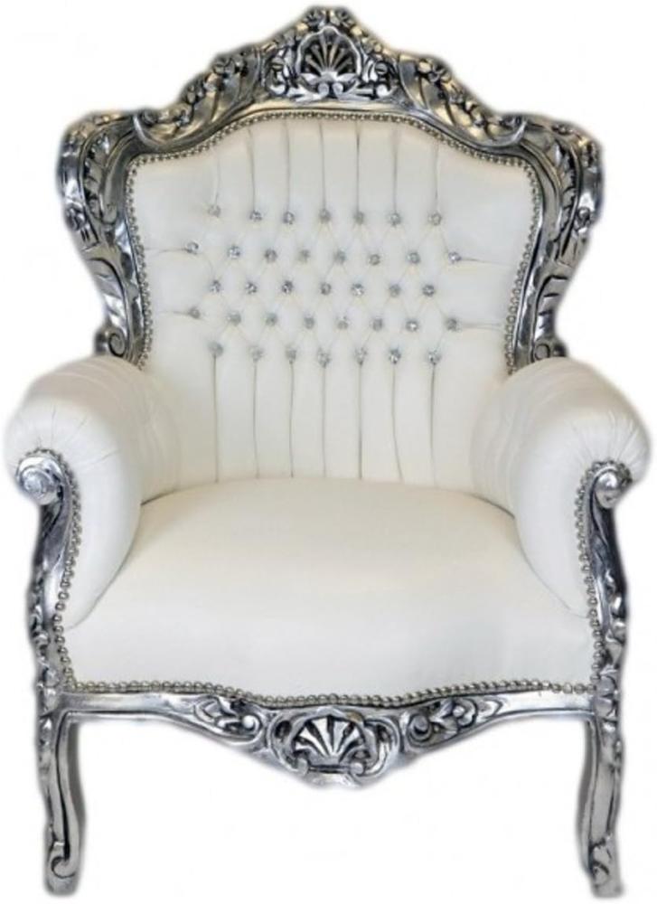 Casa Padrino Barock Sessel King Weiss Lederoptik / Silber mit Bling Bling Glitzersteinen - Lounge Möbel Bild 1