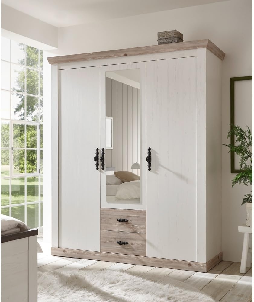 Landhaus Kleiderschrank mit Spiegel FERNA-61 in Pinie weiß Nb. mit Absetzungen in Pinie dunkel Nb, B/H/T: ca. 169/201/60 cm Bild 1