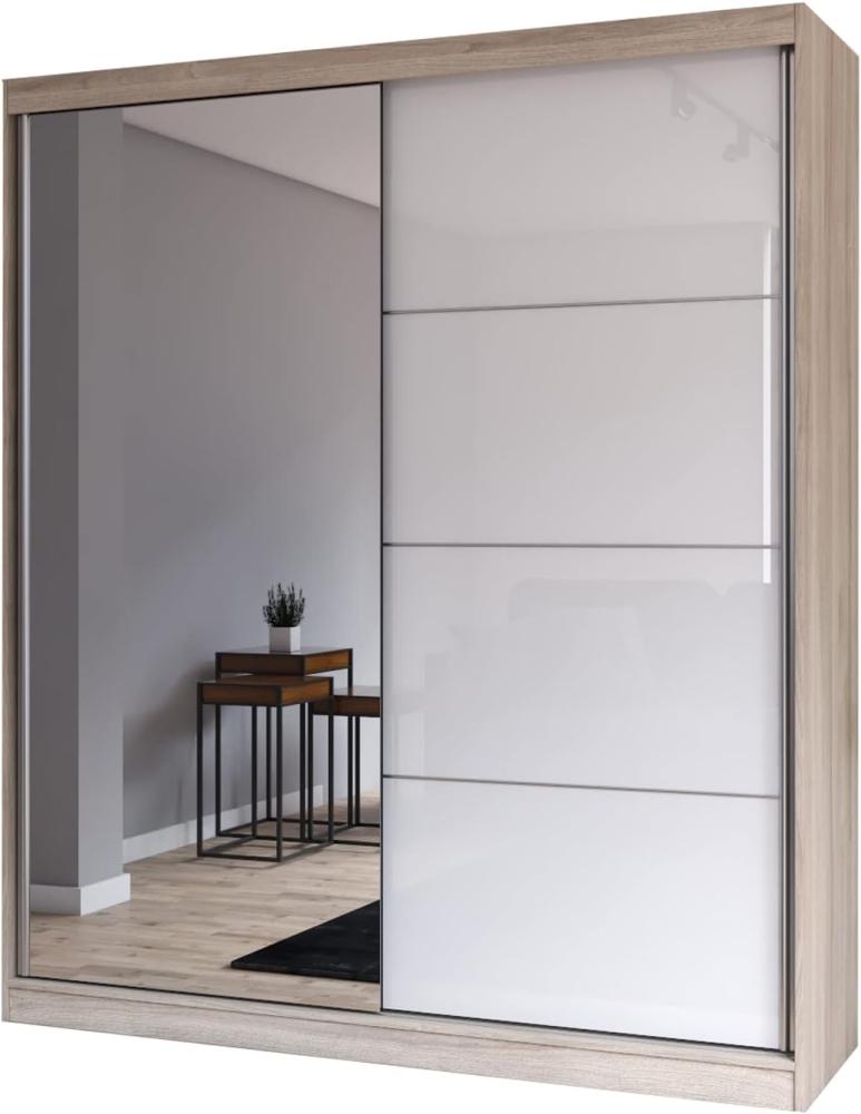 Fabryka Mebli Idźczak Schiebetürenschrank, eleganter Kleiderschrank Schrank Garderobe Spiegel Multi 35-180 cm, Schlafzimmer- Wohnzimmerschrank Schiebetüren Modern Design (Sonoma/Weiß) Bild 1